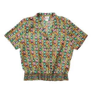 Vintage Lauren Lee Gold Nautical Flags Retro Smocked Hem Sailorcore Blouse Top